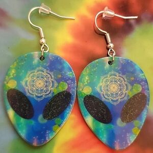 Handmade Boho Neon Blue Green Alien Earrings